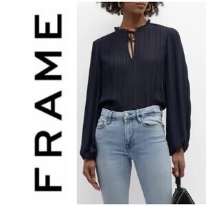 FRAME Pleated Tie Front Navy Blue Blouse Top Size Small